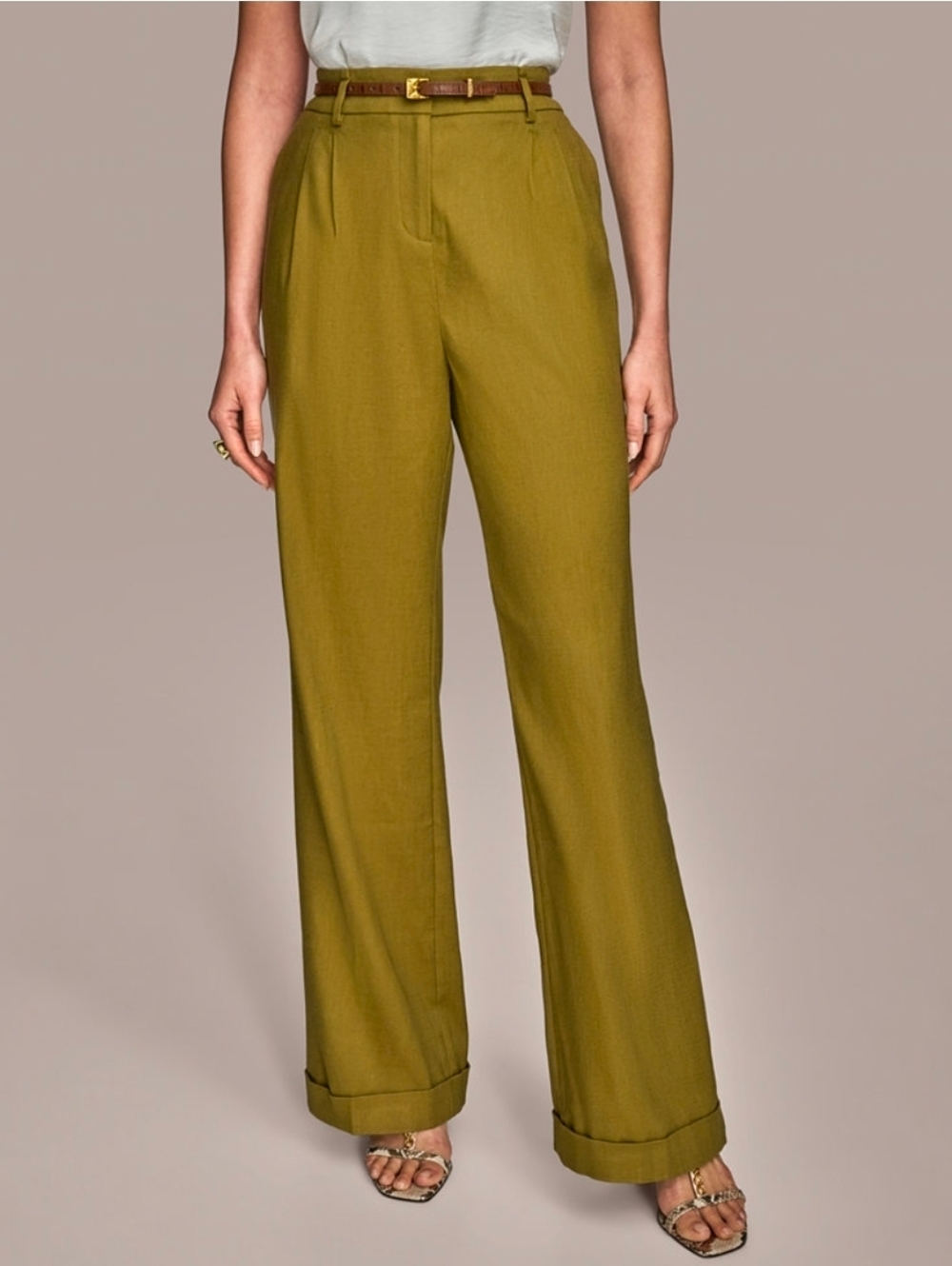 Donna Karan Olive Green High-Waist Wide Leg Trousers Linen 55% Dress Pants